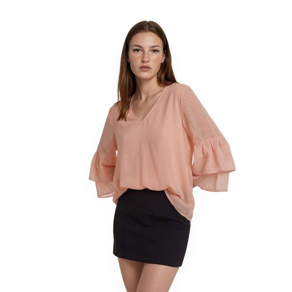 Calvin Klein Blouse Womens Size Large Peach Ruffle Bell Tiered Sleeve V Neck